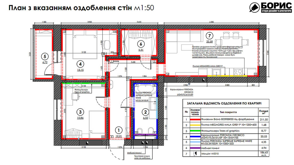 Дизайн-проект трикімнатної квартири ЖК "Інфініті", план оздоблення стін