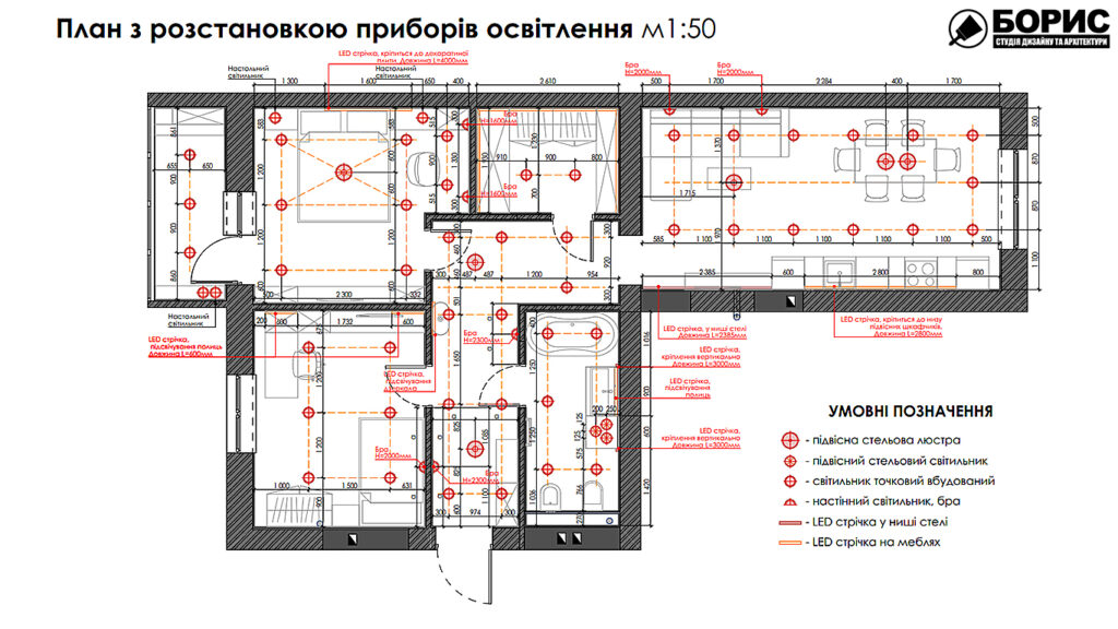 Дизайн-проект трёхкомнатной квартиры ЖК "Инфинити", план приборов освещения
