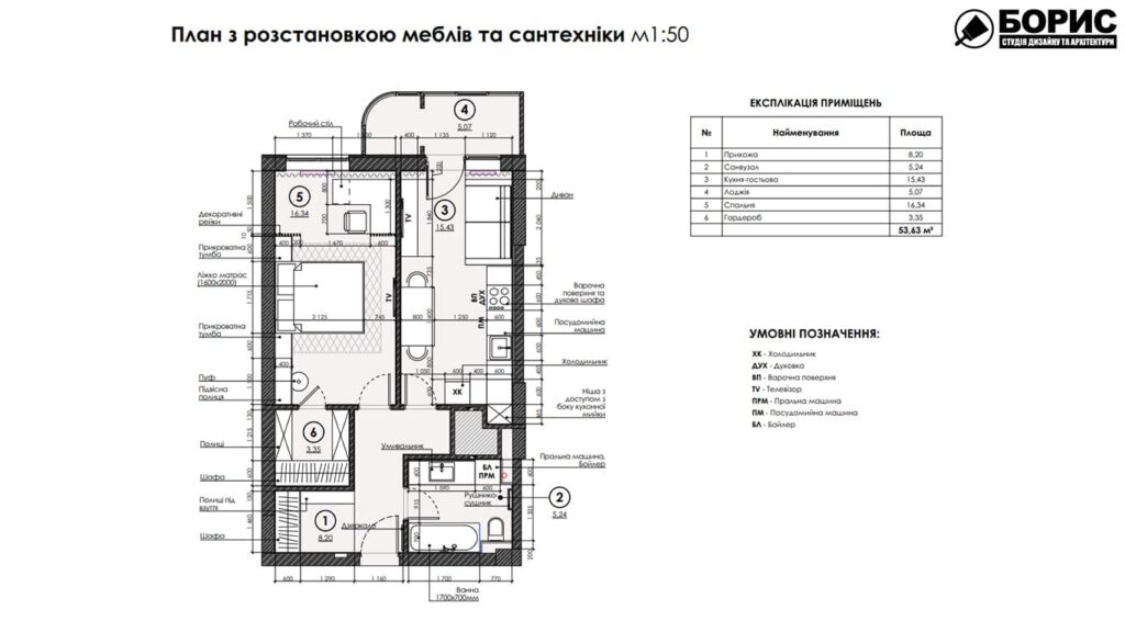 Дизайн-проект інтер’єру квартири ЖК «Черемушки», план розміщення меблів