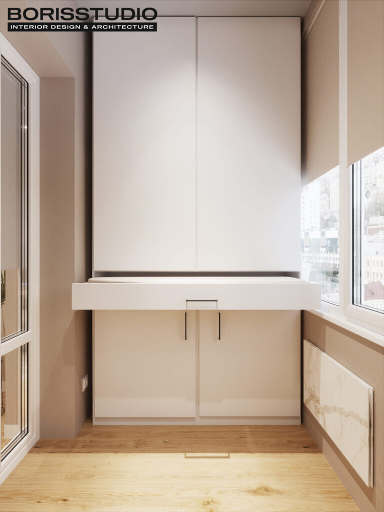 Дизайн интерьера однокомнатной квартиры ЖК «Победы 2», балкон вид слева
