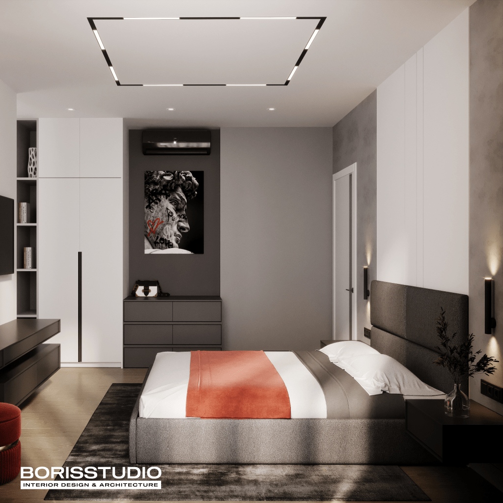 Дизайн спальни в сером цвете от BORISSTUDIO